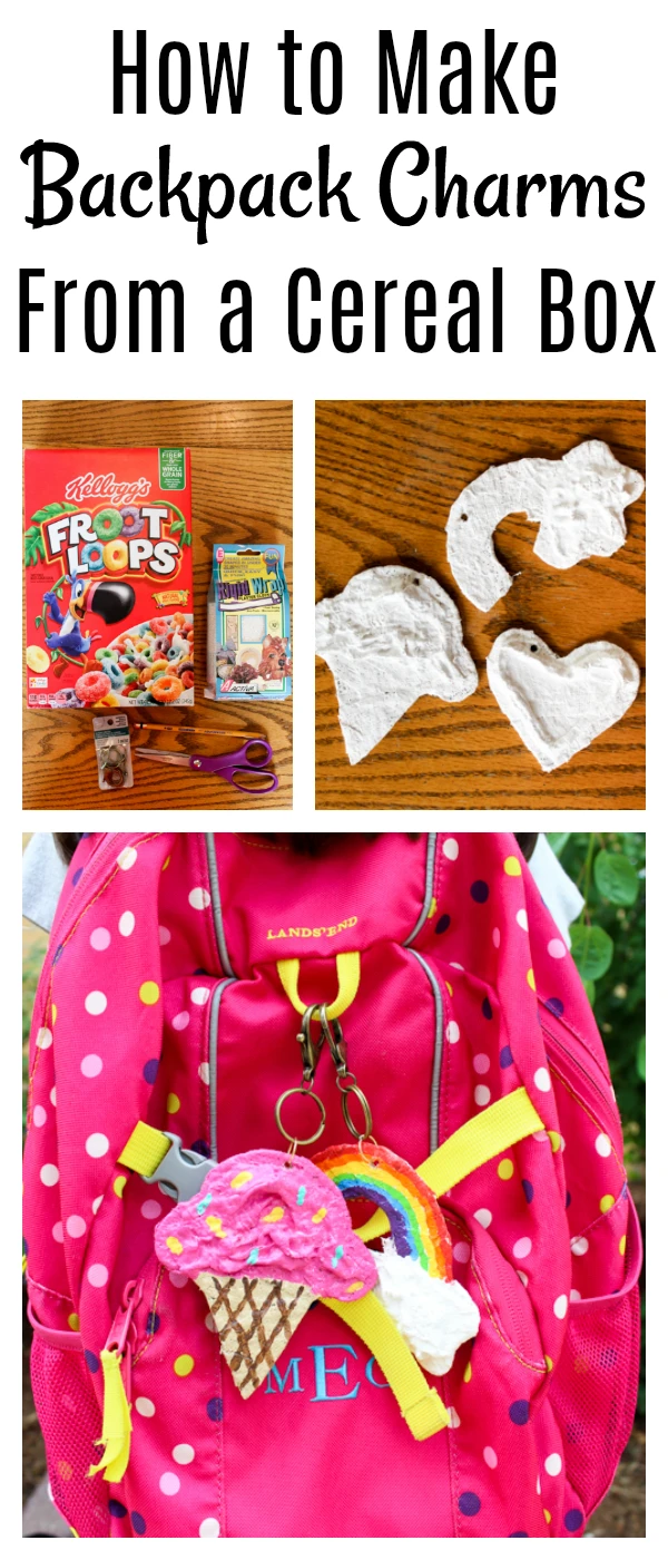 Learn how to make backpack charms from an empty cereal box! This project can be customized in any shape or color. What a great back to school project idea!